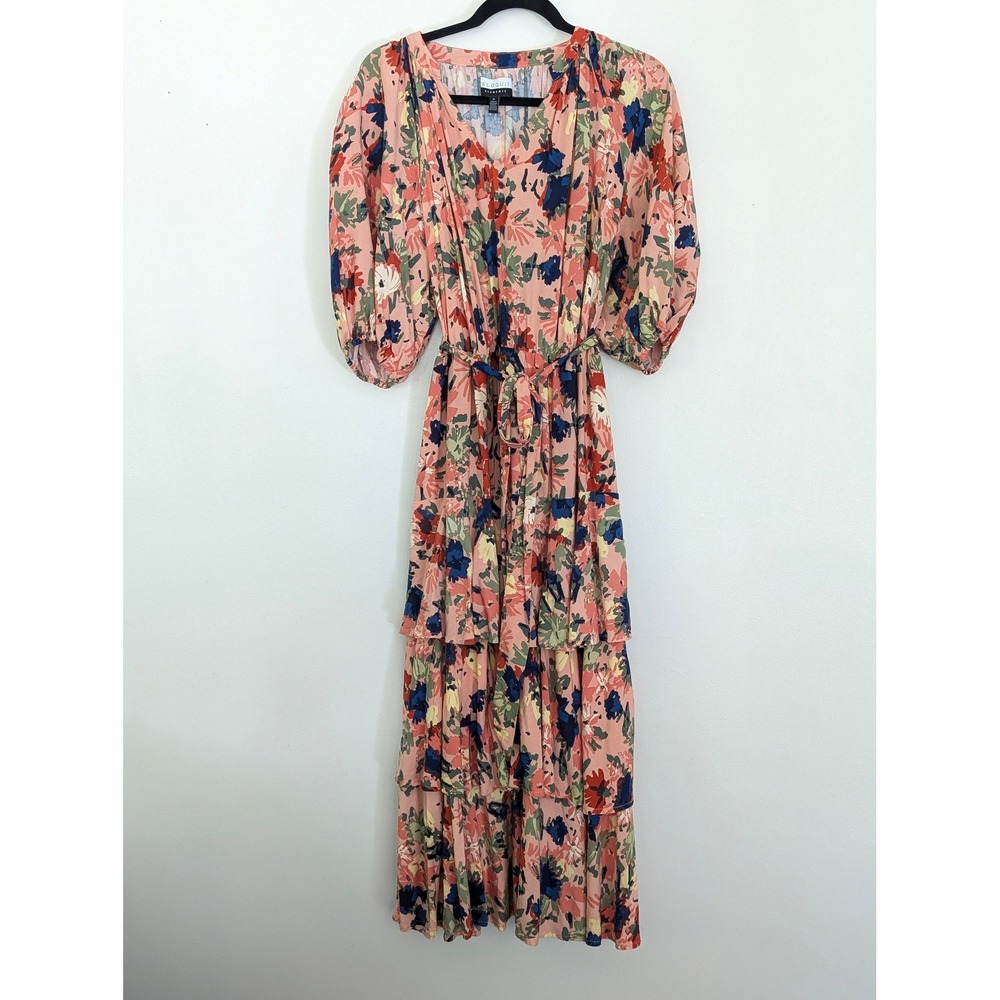 Eloquii Elements Floral Maxi Dress Women's 16 Pink Tiered Puff Sleeve Belted